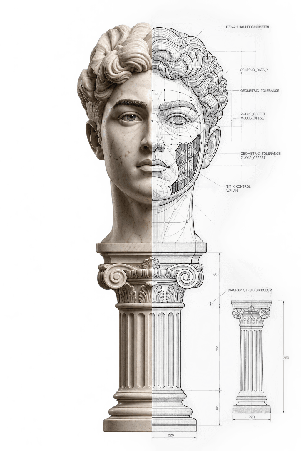 Roman Sculpture style bust of a person, half in marble and half in wireframe, with AI logos floating around it